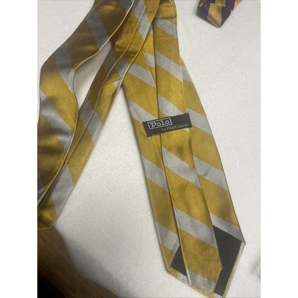 Polo By Ralph Lauren Vintage 100% Silk Tie USA Made By Hand Gold Silver